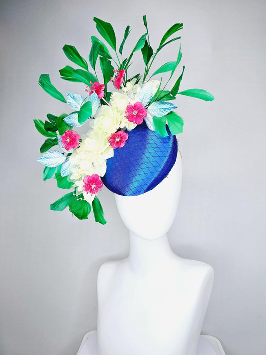 kentucky derby hat fascinator royal blue satin w/ netting, light yellow pink organza satin flowers, ombre blue leaves,emerald green feathers