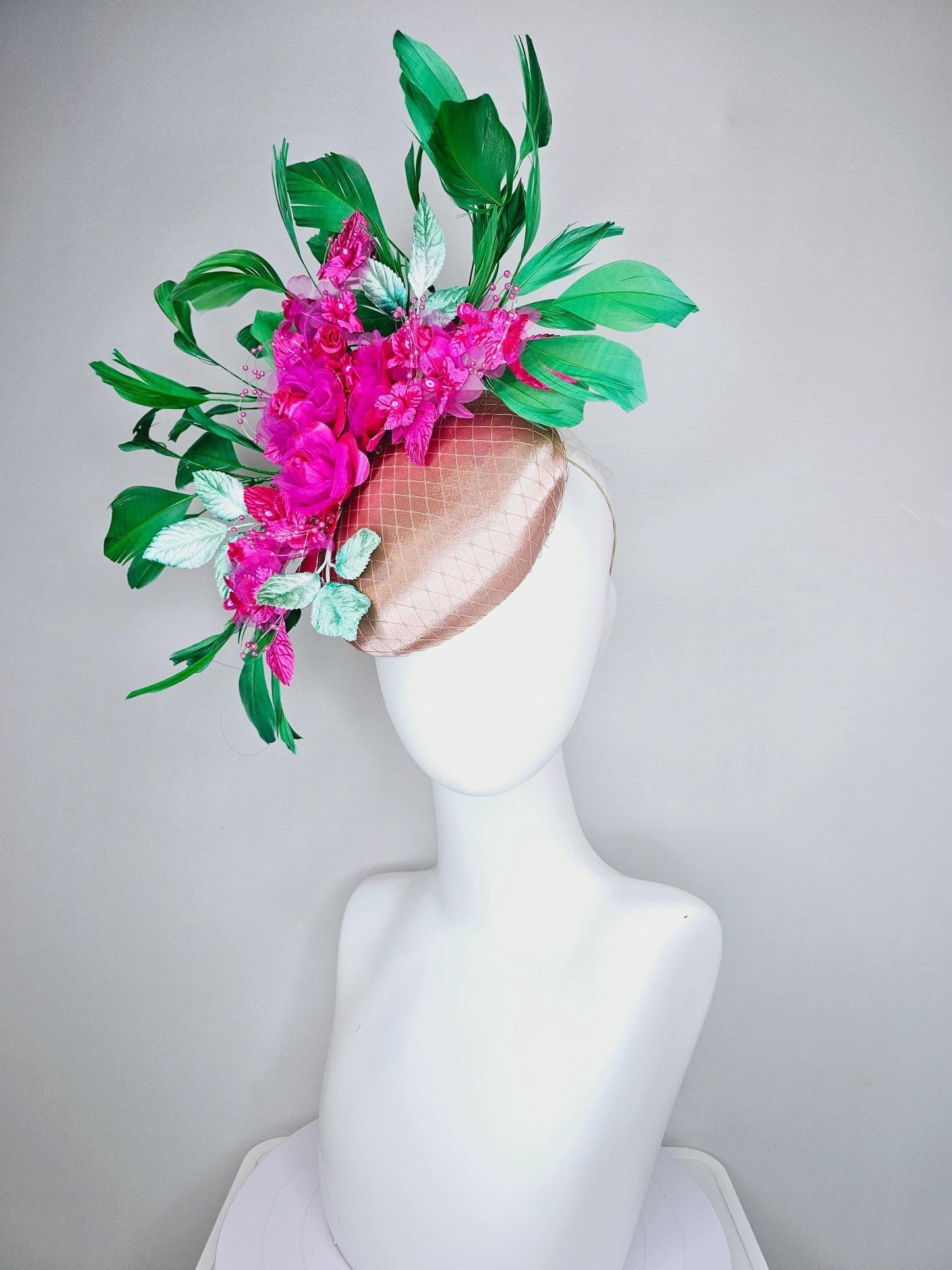 kentucky derby hat fascinator champagne satin w/ netting, bright pink fuchsia organza satin flowers,mint green leaves,emerald green feathers