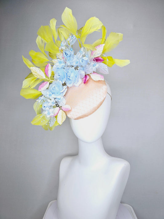 kentucky derby hat fascinator light pink champagne satin with netting, light blue organza satin flowers, ombre pink leaves, yellow feathers