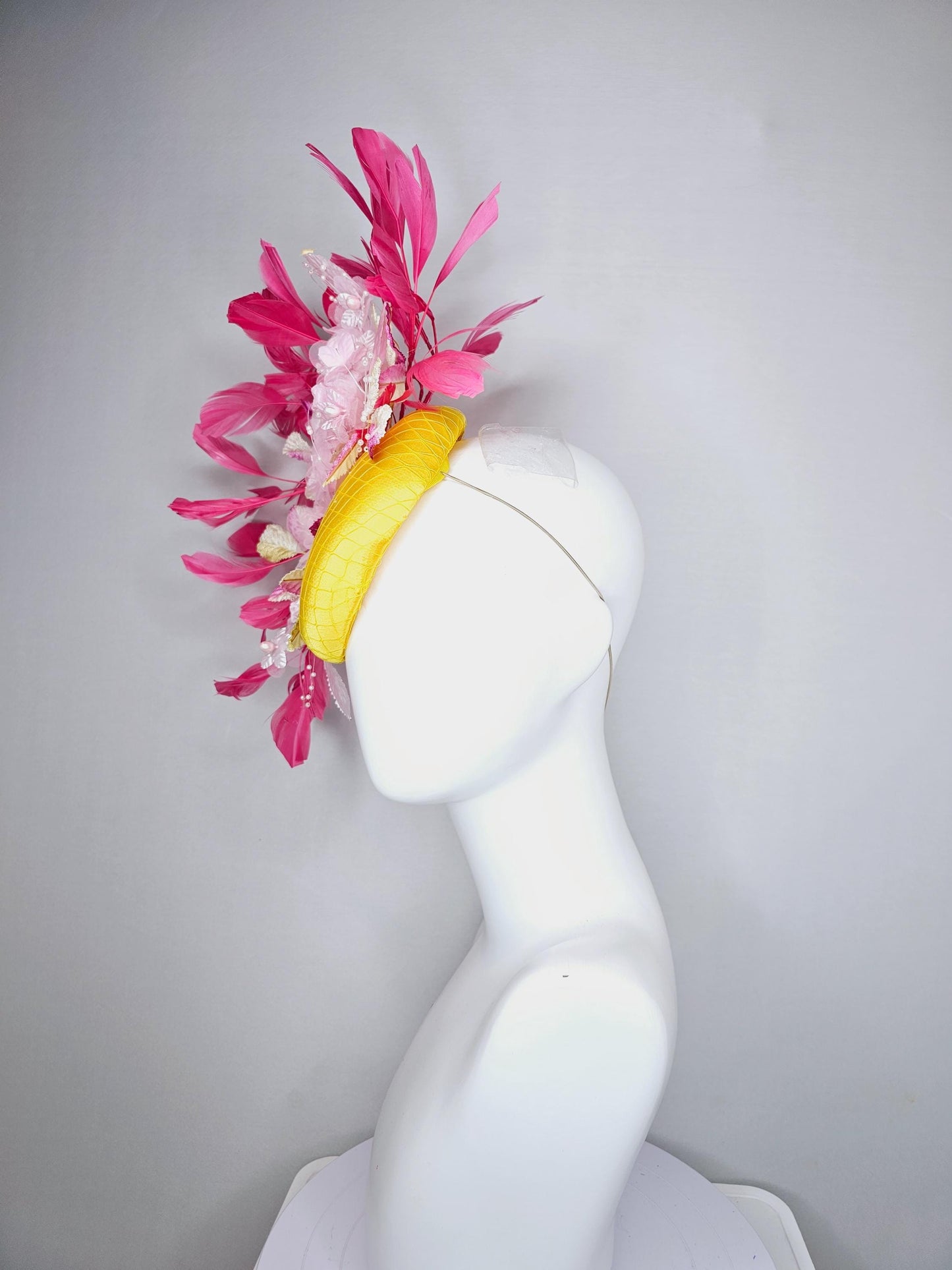 kentucky derby hat fascinator bright yellow satin w/ netting, light pink organza satin flowers,ombre pink leaves,hot pink branching feathers