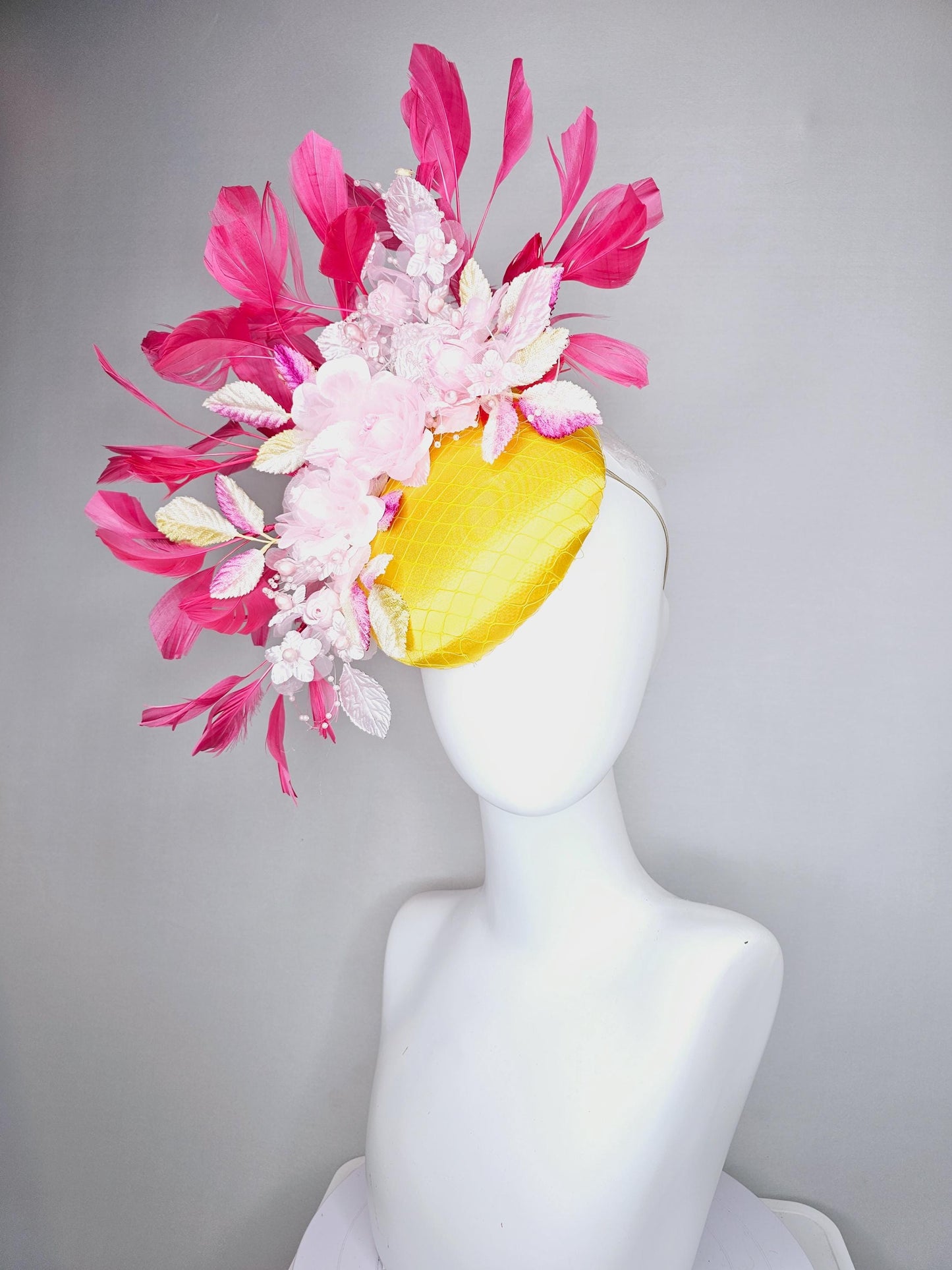 kentucky derby hat fascinator bright yellow satin w/ netting, light pink organza satin flowers,ombre pink leaves,hot pink branching feathers