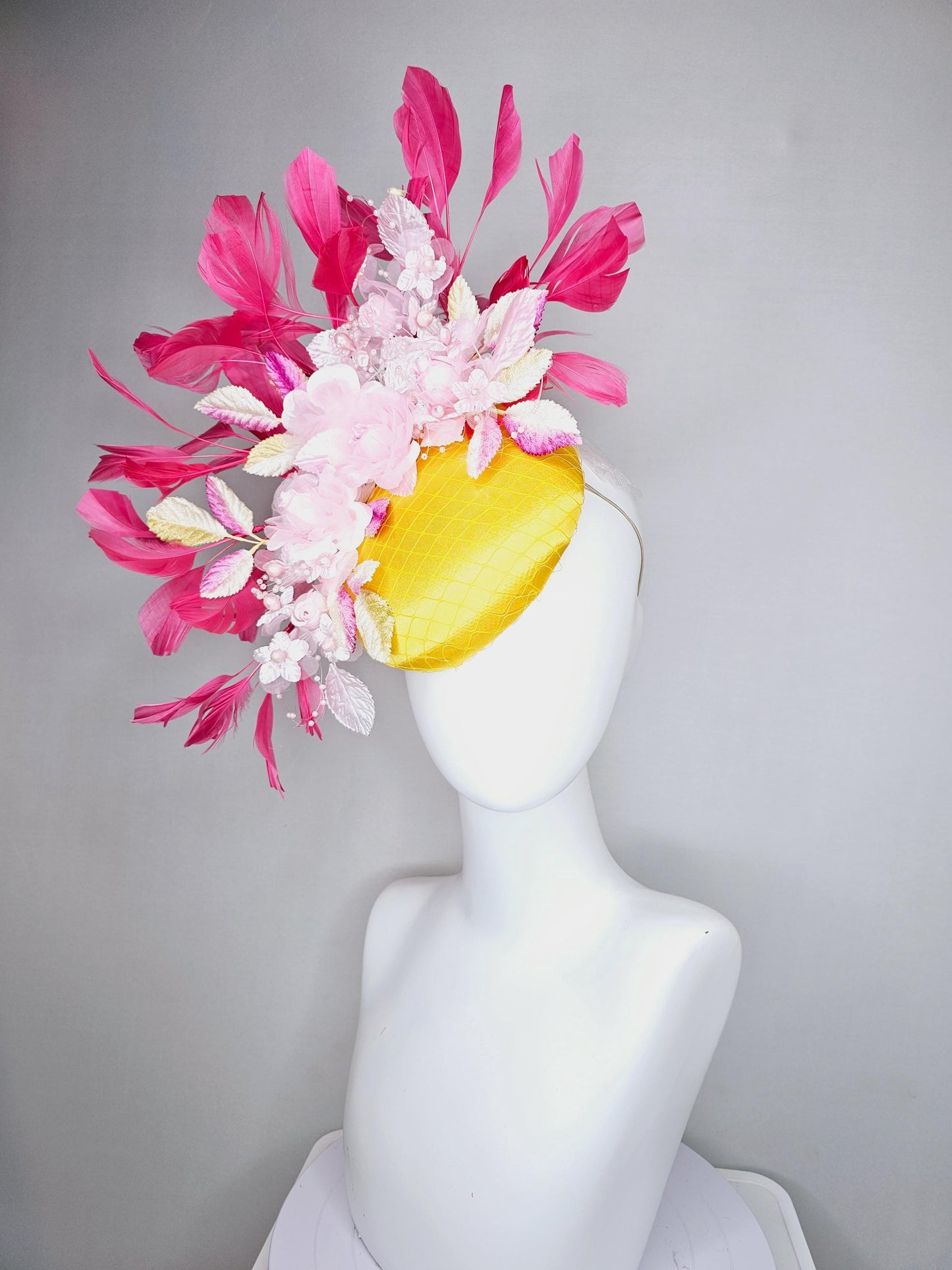 kentucky derby hat fascinator bright yellow satin w/ netting, light pink organza satin flowers,ombre pink leaves,hot pink branching feathers