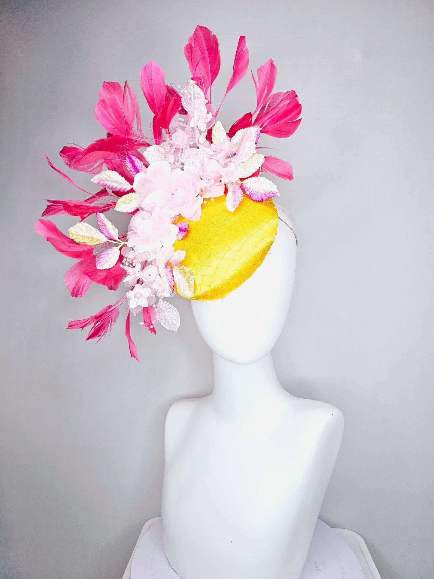 kentucky derby hat fascinator bright yellow satin w/ netting, light pink organza satin flowers,ombre pink leaves,hot pink branching feathers