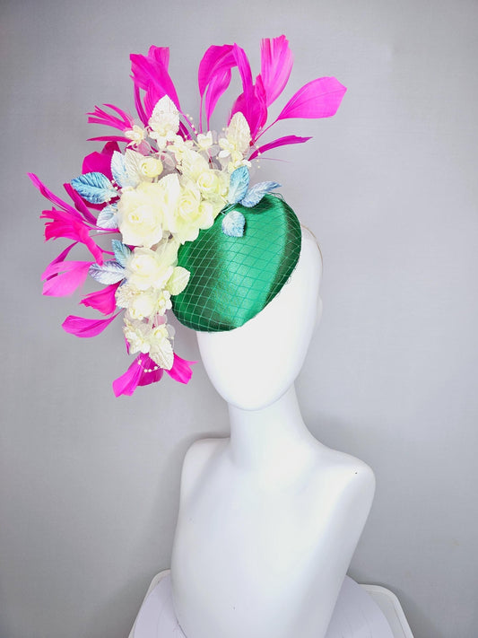 kentucky derby hat fascinator emerald green satin with netting, light yellow organza satin flowers, ombre blue leaves, pink fuchsia feathers