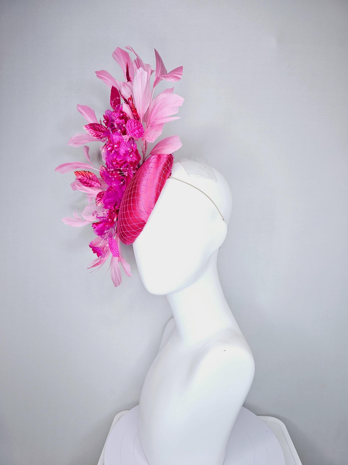 kentucky derby hat fascinator pink satin w/netting,bright pink fuchsia organza satin flowers,ombre pink leaves,blush pink branching feathers