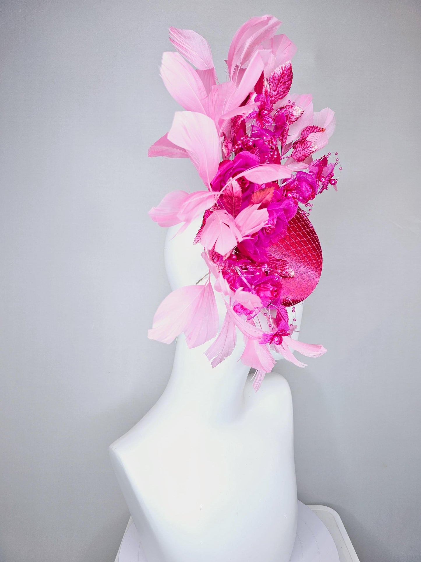 kentucky derby hat fascinator pink satin w/netting,bright pink fuchsia organza satin flowers,ombre pink leaves,blush pink branching feathers