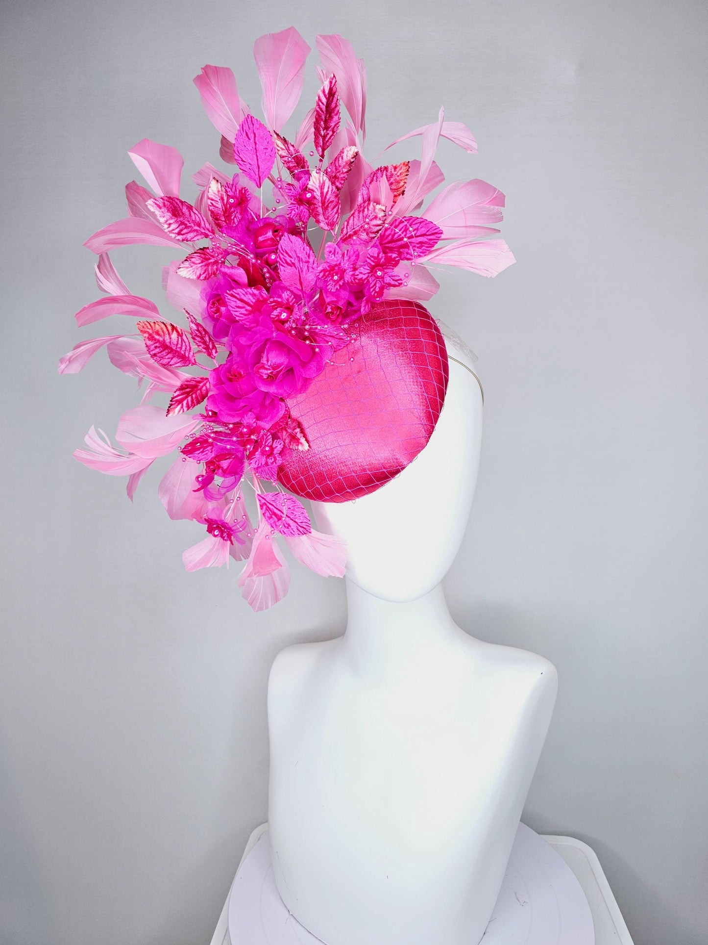 kentucky derby hat fascinator pink satin w/netting,bright pink fuchsia organza satin flowers,ombre pink leaves,blush pink branching feathers