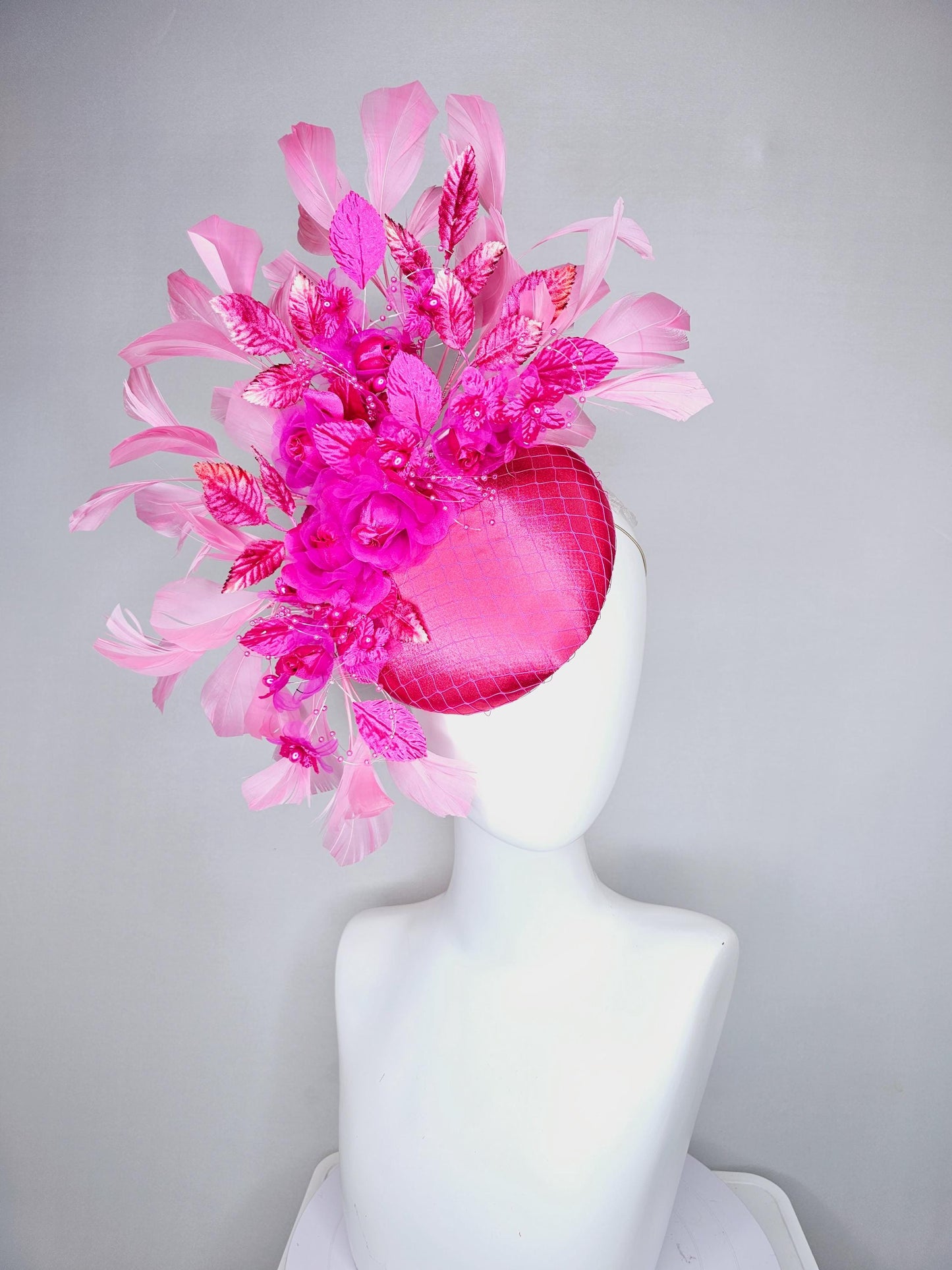 kentucky derby hat fascinator pink satin w/netting,bright pink fuchsia organza satin flowers,ombre pink leaves,blush pink branching feathers