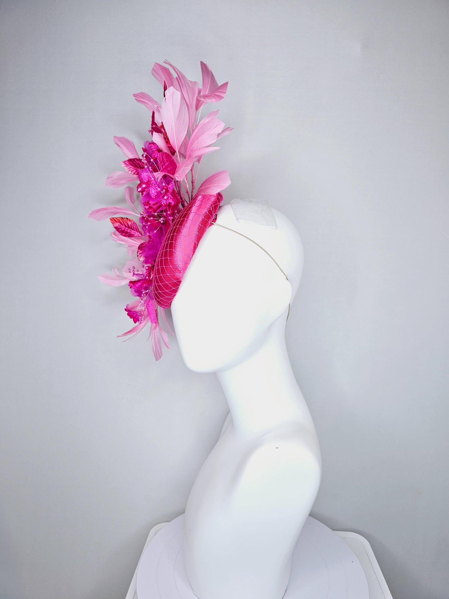 kentucky derby hat fascinator pink satin w/netting,bright pink fuchsia organza satin flowers,ombre pink leaves,blush pink branching feathers