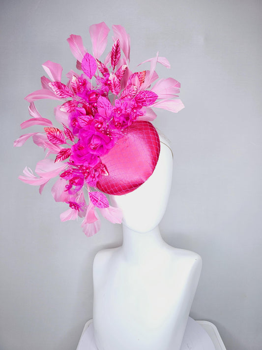 kentucky derby hat fascinator pink satin w/netting,bright pink fuchsia organza satin flowers,ombre pink leaves,blush pink branching feathers