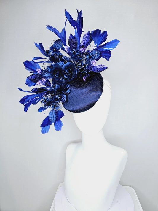 kentucky derby hat fascinator navy blue satin with netting, navy blue organza satin flowers, royal blue purple leaves, royal blue feathers