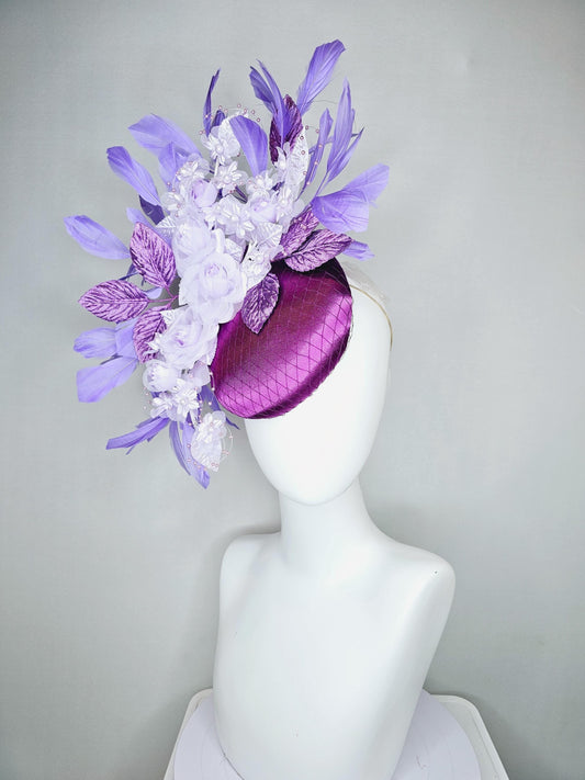 kentucky derby hat fascinator violet purple satin with netting, light purple organza satin flowers,purple leaves,lavender branching feathers