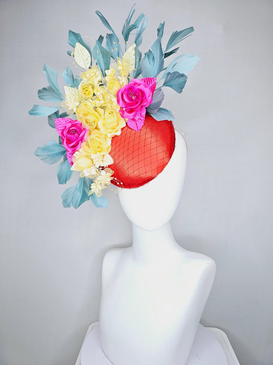 kentucky derby hat fascinator red satin with netting, pink yellow organza satin rose flowers,pink yellow leaves,teal blue branching feathers