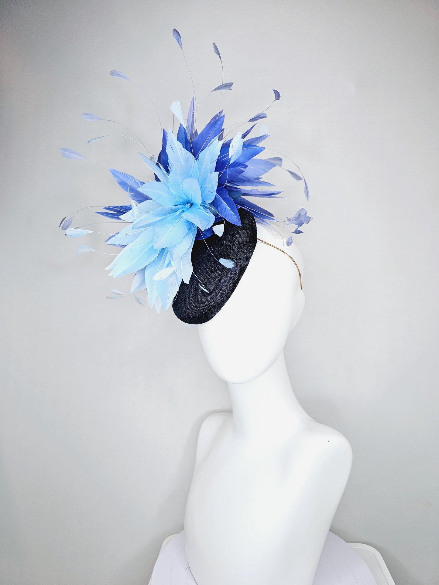 kentucky derby hat fascinator navy blue sinamay base with fluffy sky blue cobalt blue branching feathers