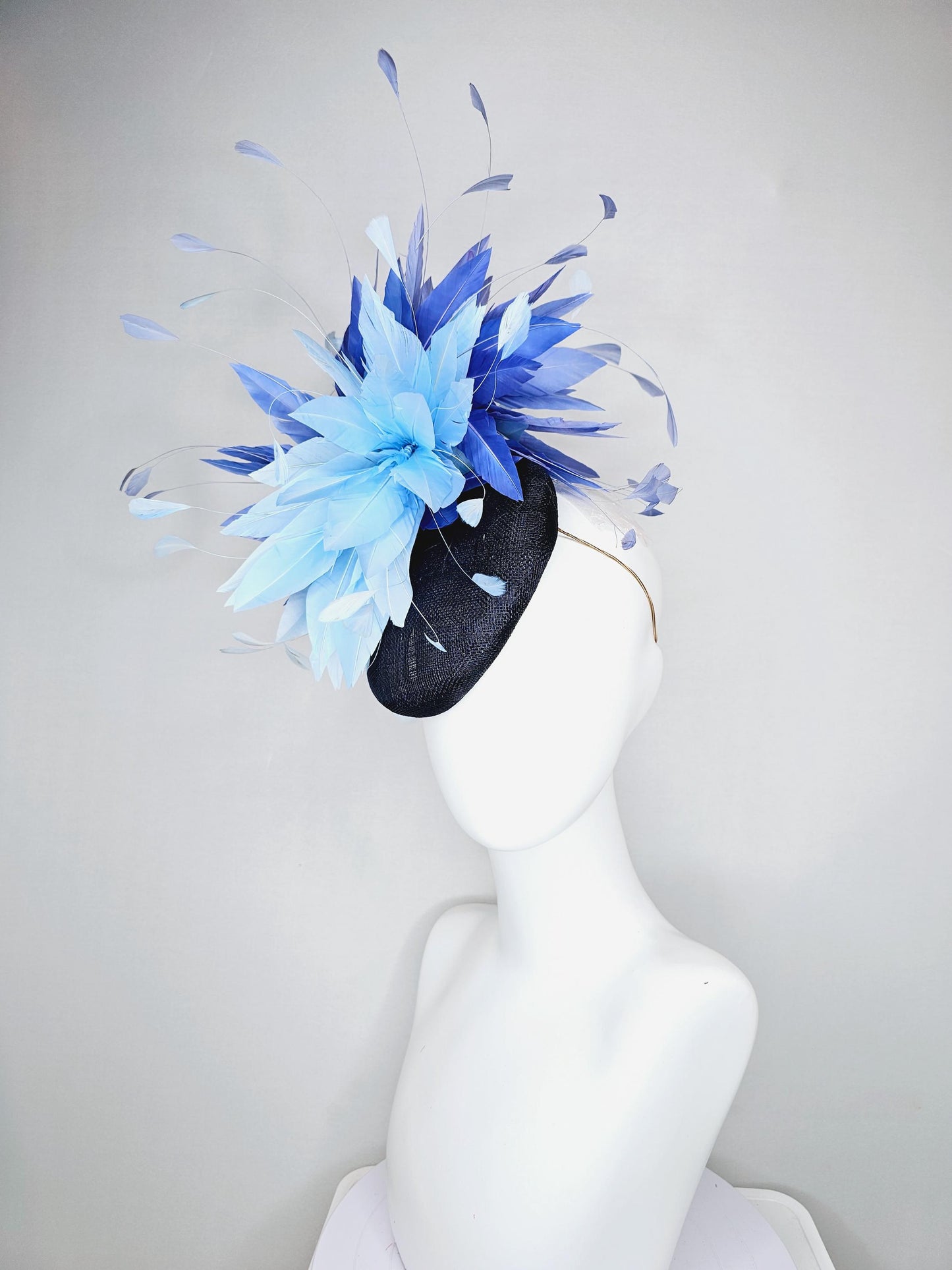 kentucky derby hat fascinator navy blue sinamay base with fluffy sky blue cobalt blue branching feathers