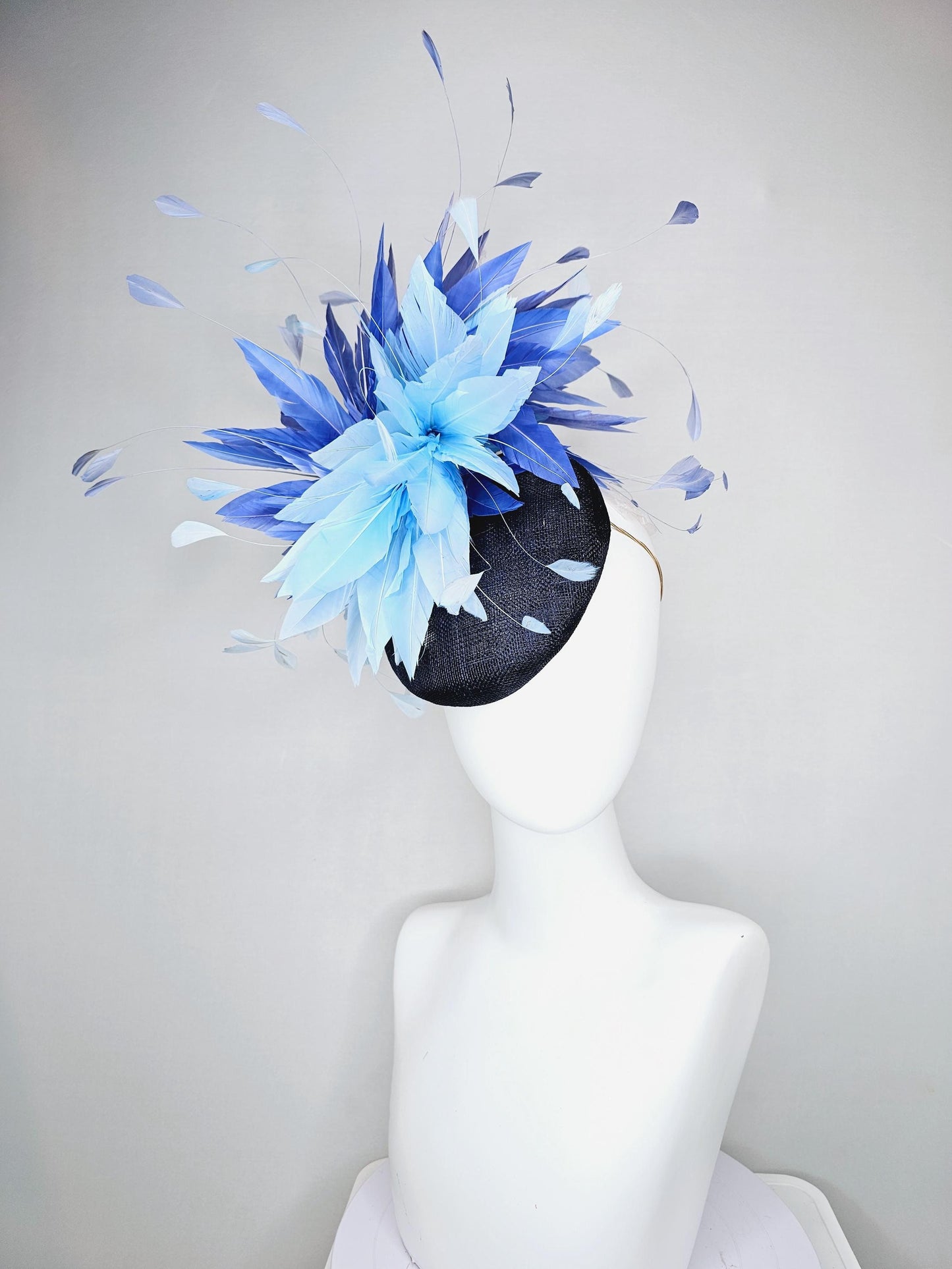 kentucky derby hat fascinator navy blue sinamay base with fluffy sky blue cobalt blue branching feathers