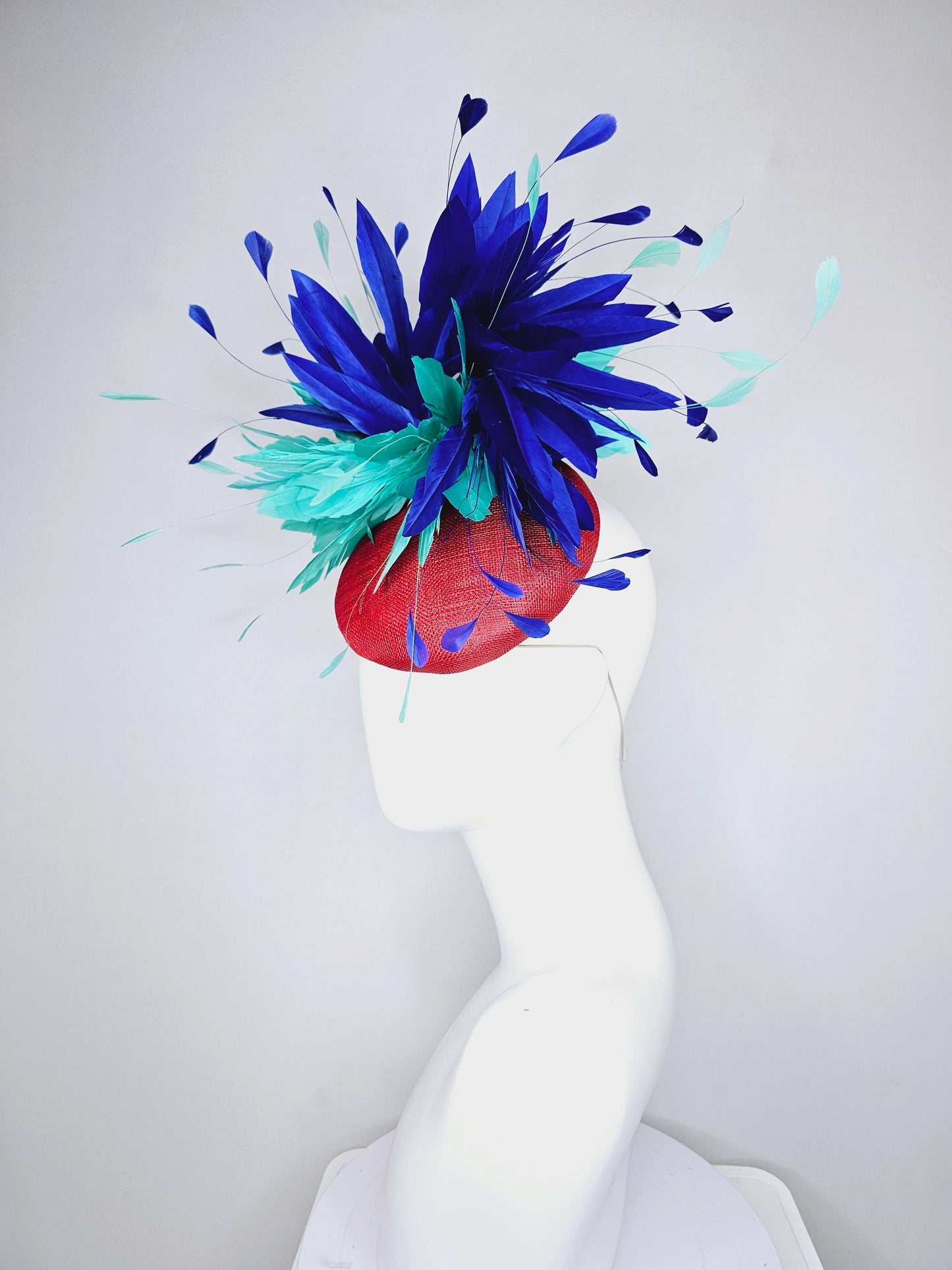 kentucky derby hat fascinator red sinamay with fluffy turquoise blue mint green royal blue branching feathers