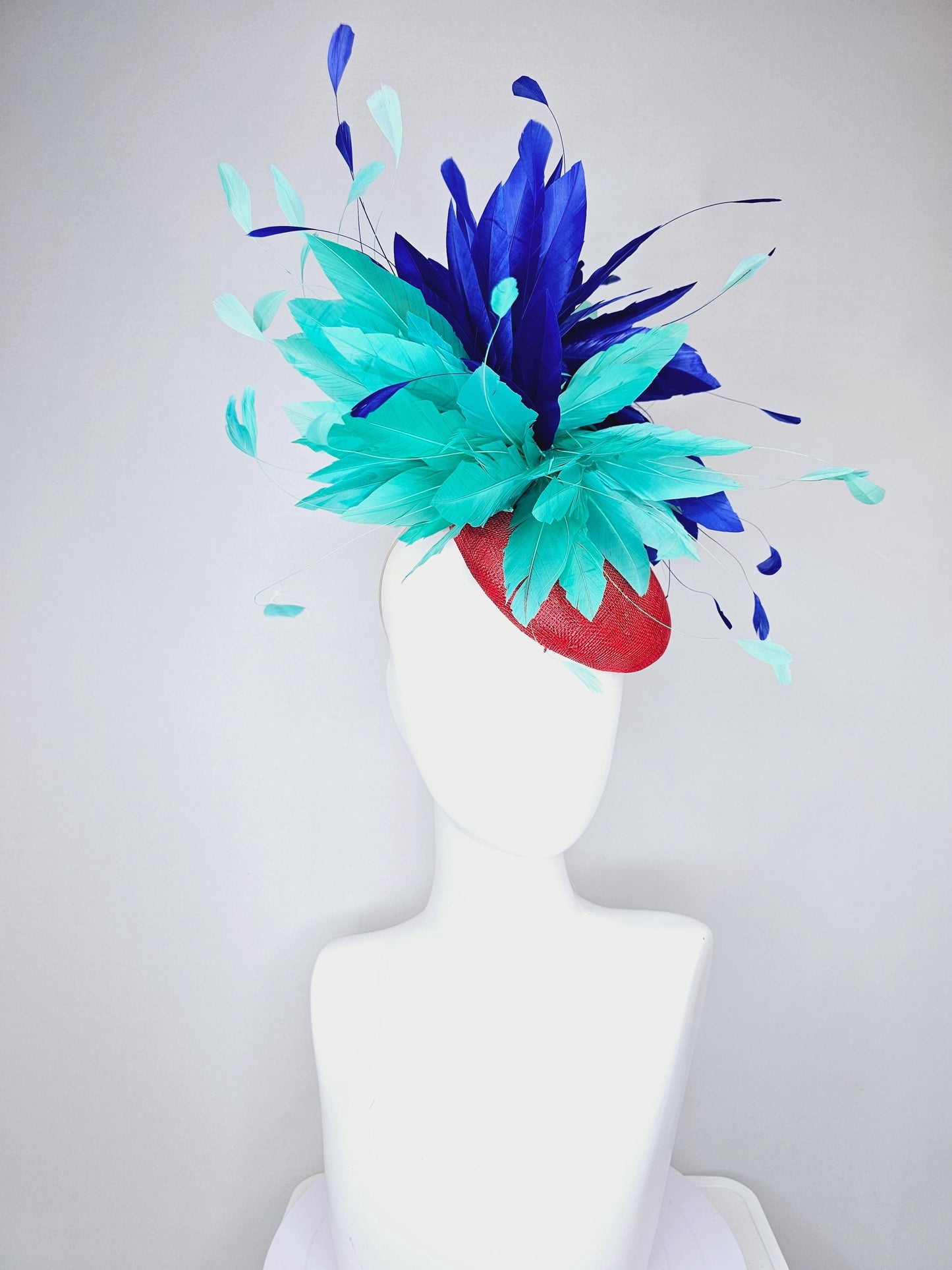 kentucky derby hat fascinator red sinamay with fluffy turquoise blue mint green royal blue branching feathers