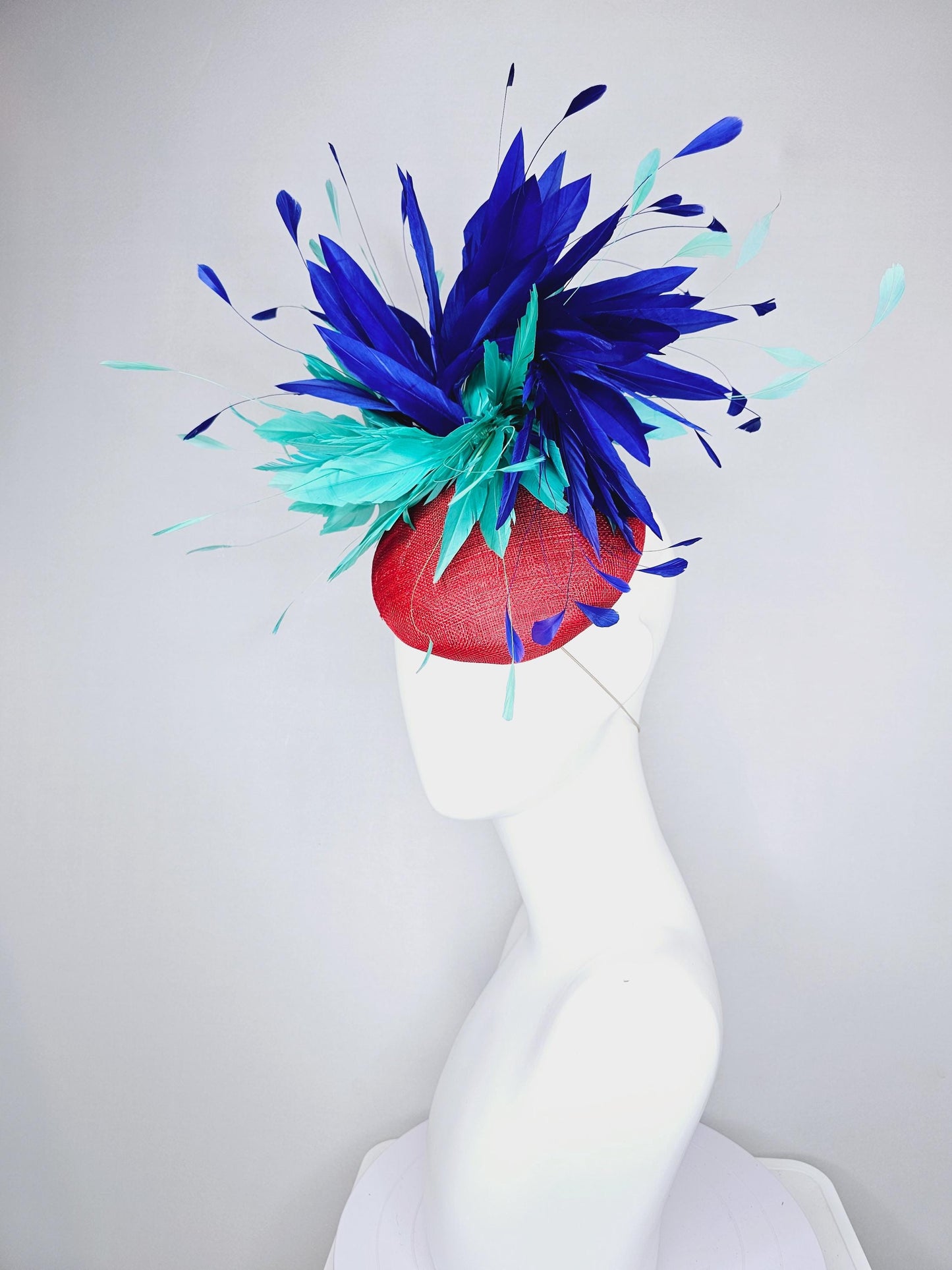 kentucky derby hat fascinator red sinamay with fluffy turquoise blue mint green royal blue branching feathers