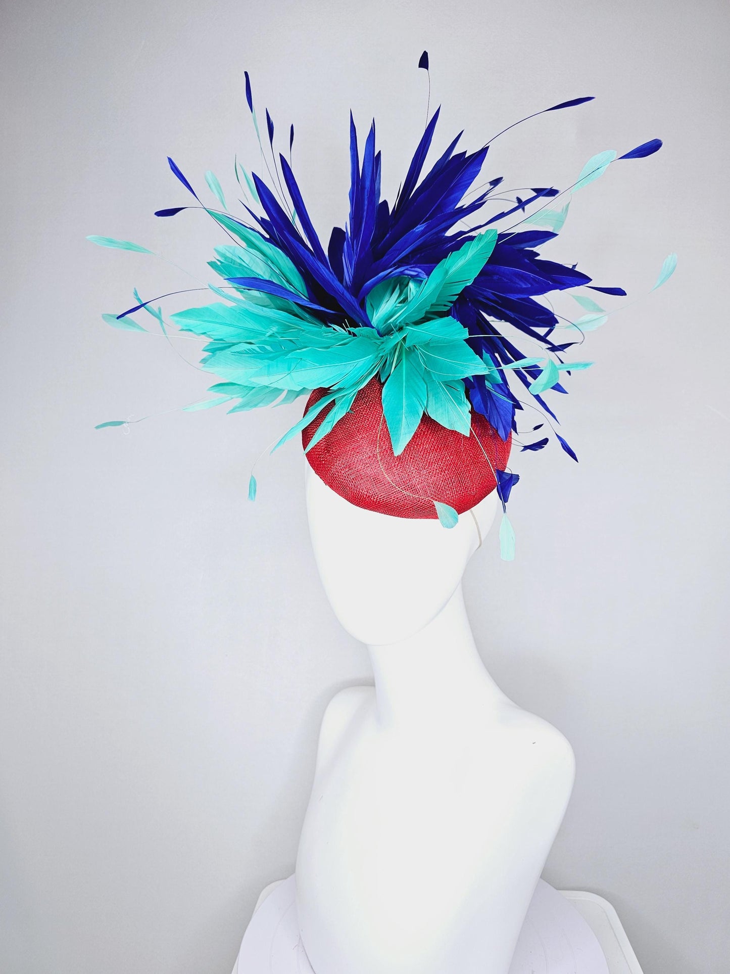 kentucky derby hat fascinator red sinamay with fluffy turquoise blue mint green royal blue branching feathers