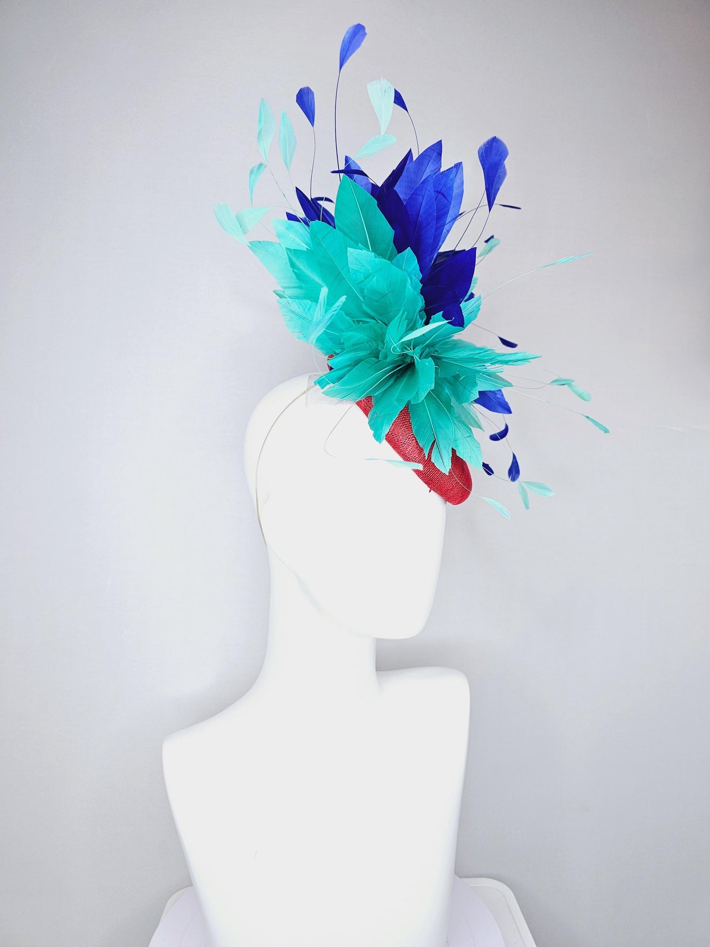 kentucky derby hat fascinator red sinamay with fluffy turquoise blue mint green royal blue branching feathers