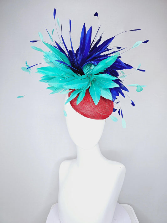 kentucky derby hat fascinator red sinamay with fluffy turquoise blue mint green royal blue branching feathers