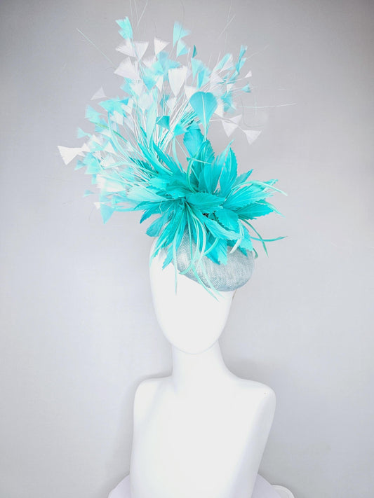 kentucky derby hat fascinator light blue sinamay, fluffy turquoise blue mint green zigzag feather flower, white blue branching feathers