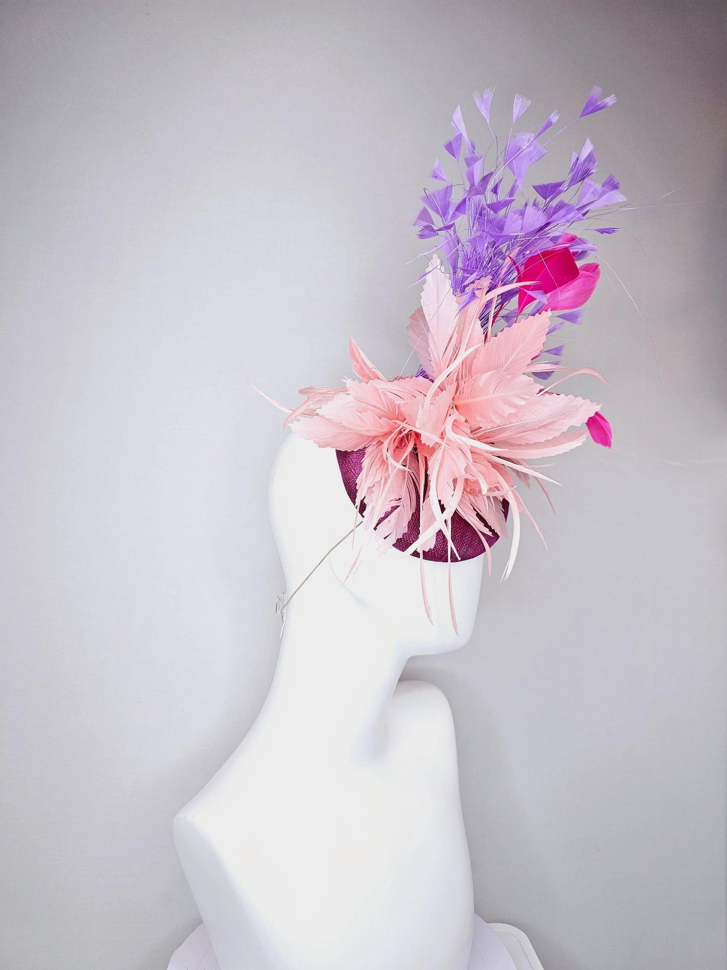 kentucky derby hat fascinator magenta purple sinamay with blush pink zigzag feather flower, pink feathers,lavender purple branching feathers