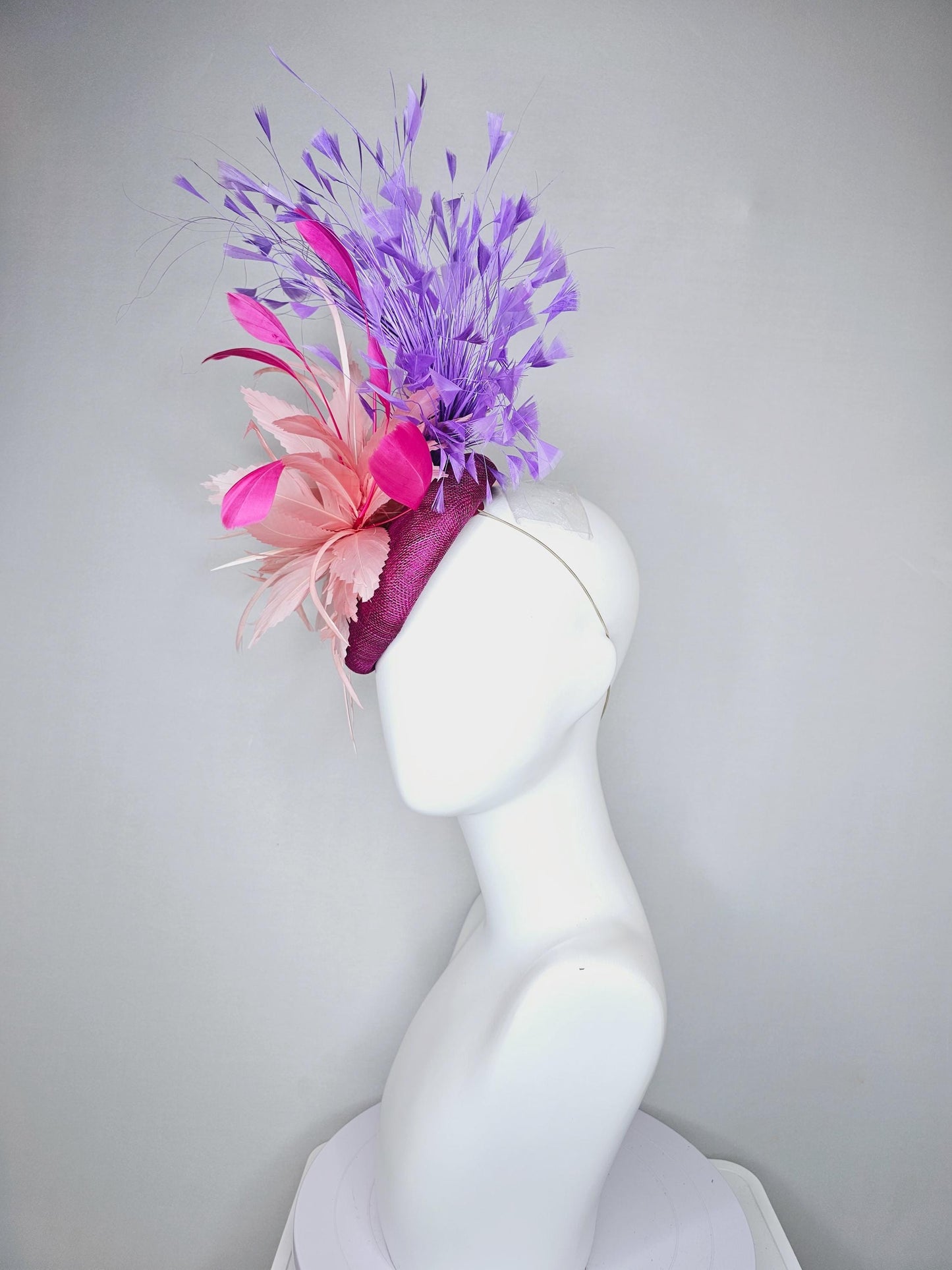 kentucky derby hat fascinator magenta purple sinamay with blush pink zigzag feather flower, pink feathers,lavender purple branching feathers