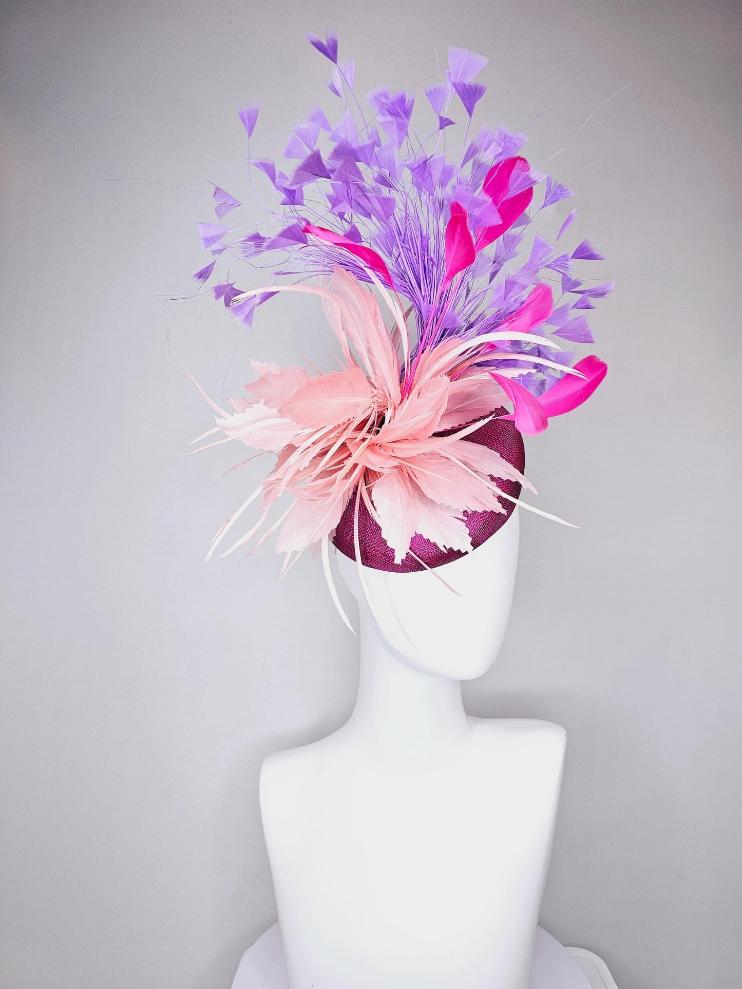 kentucky derby hat fascinator magenta purple sinamay with blush pink zigzag feather flower, pink feathers,lavender purple branching feathers