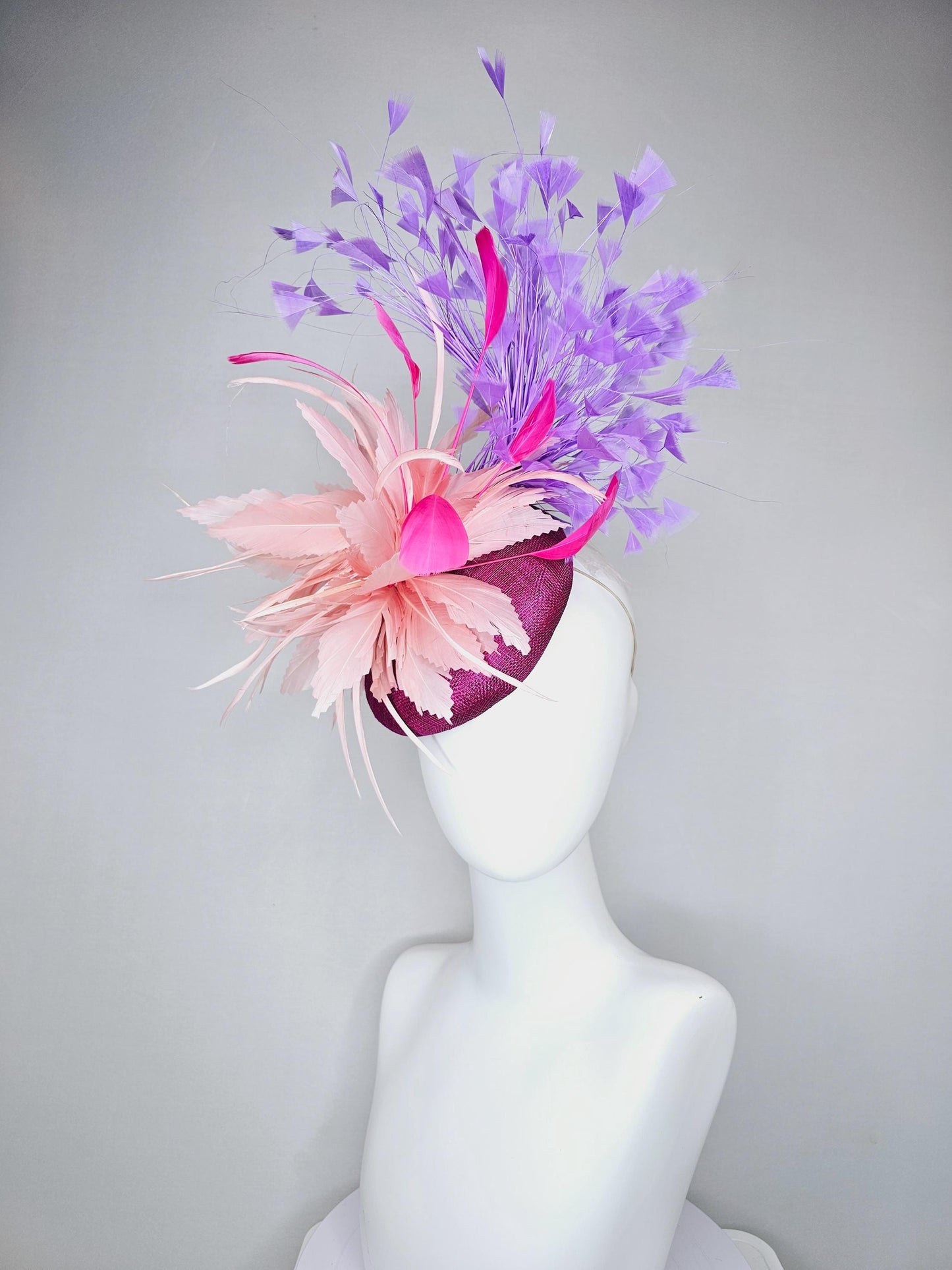 kentucky derby hat fascinator magenta purple sinamay with blush pink zigzag feather flower, pink feathers,lavender purple branching feathers