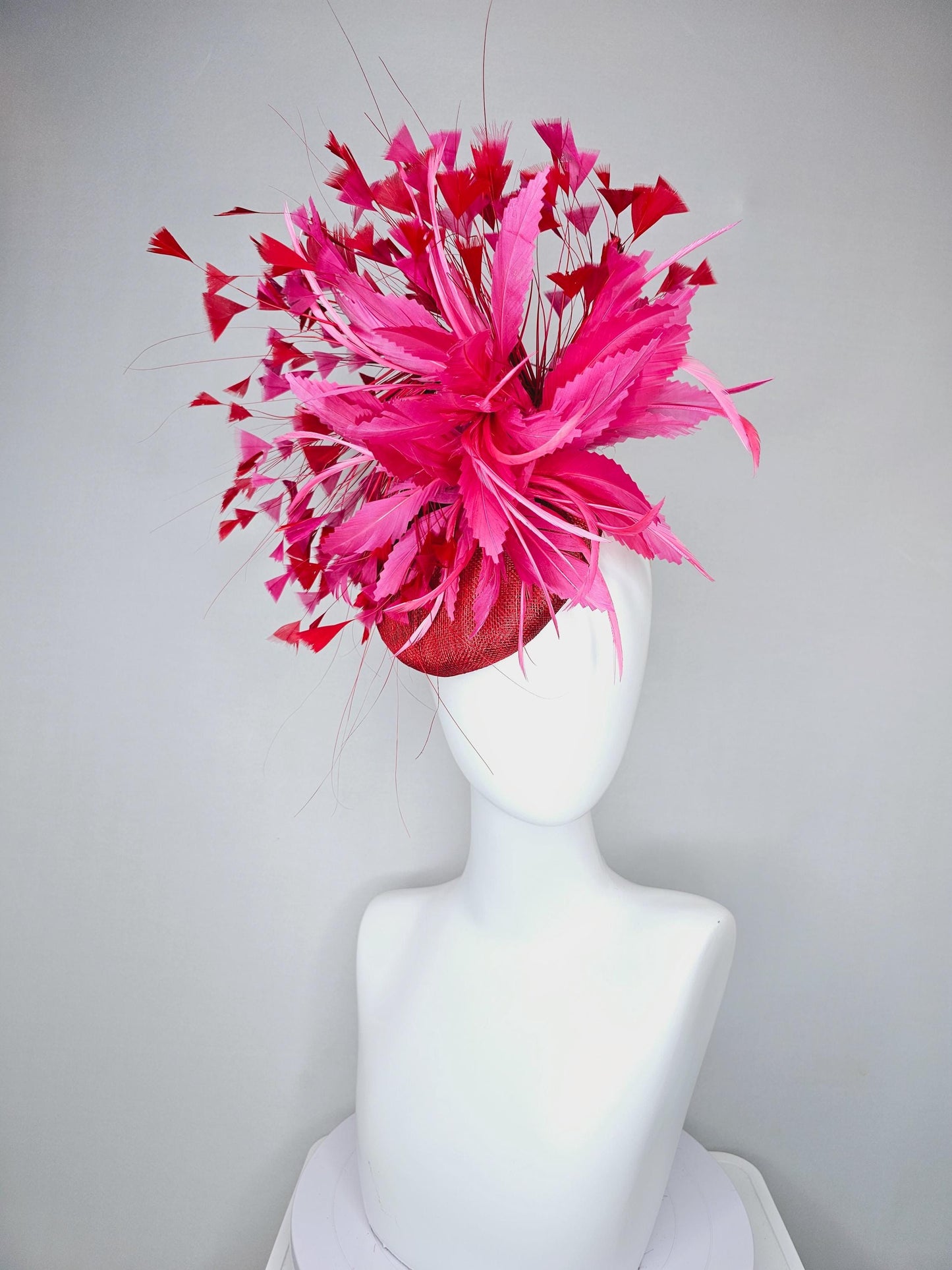 kentucky derby hat fascinator red sinamay with fluffy pink zigzag feather flower and scarlet red branching feathers