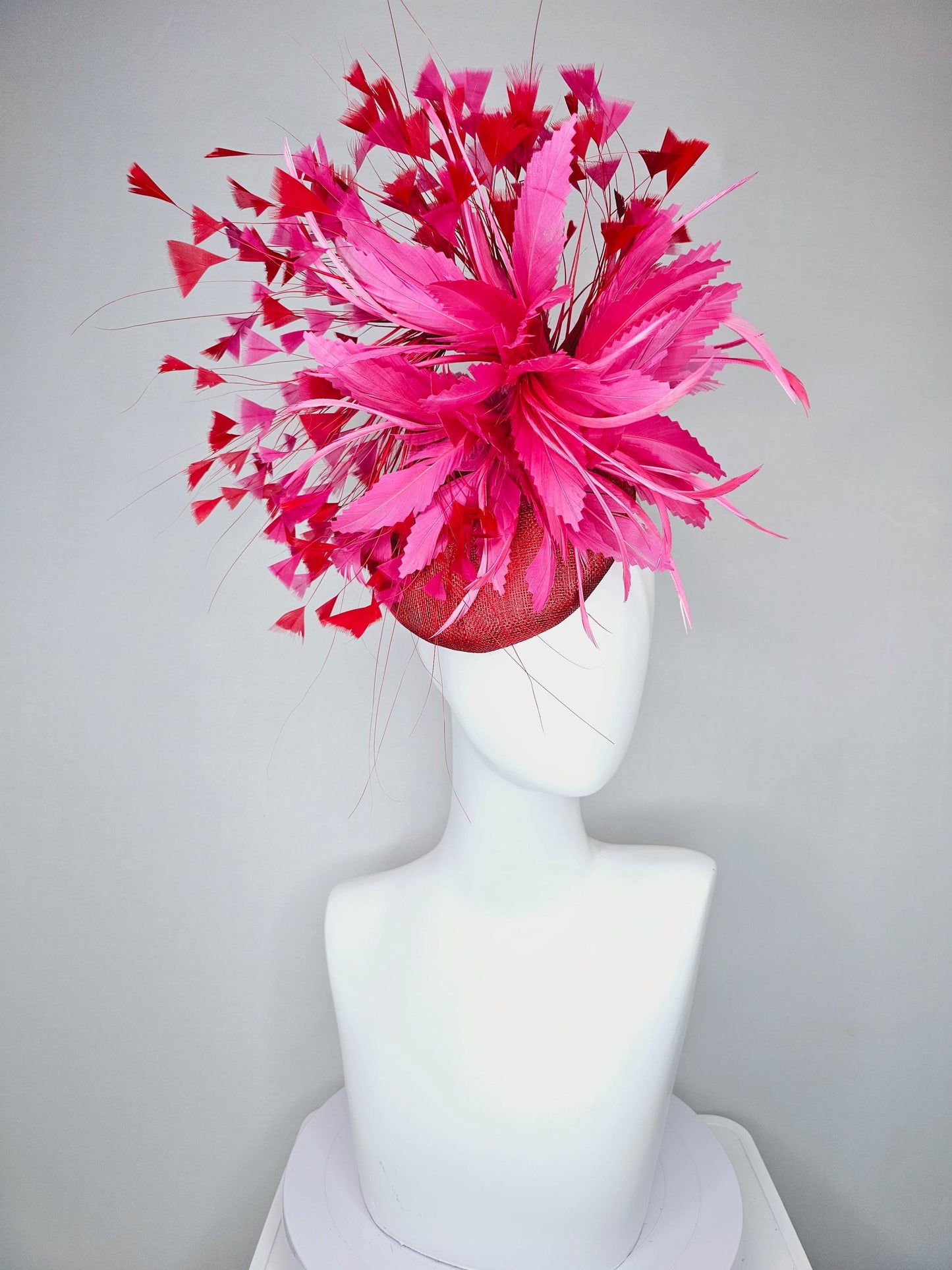 kentucky derby hat fascinator red sinamay with fluffy pink zigzag feather flower and scarlet red branching feathers