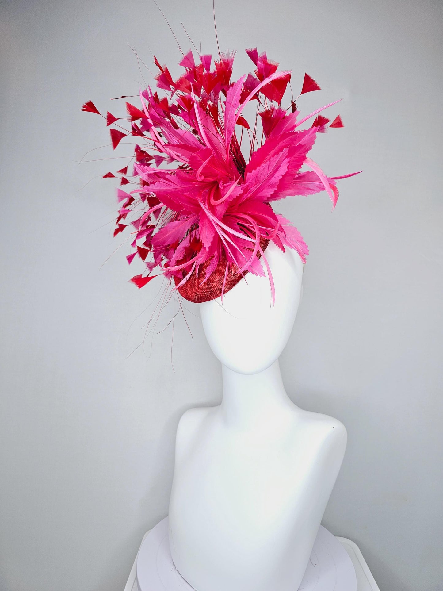 kentucky derby hat fascinator red sinamay with fluffy pink zigzag feather flower and scarlet red branching feathers