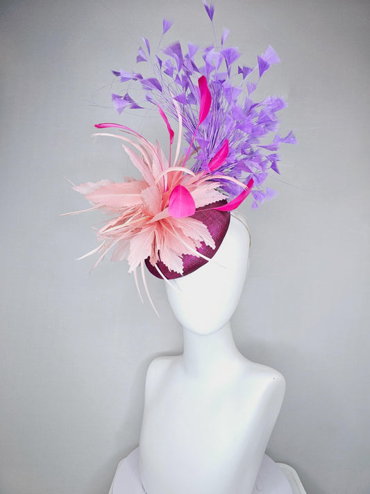 kentucky derby hat fascinator magenta purple sinamay with blush pink zigzag feather flower, pink feathers,lavender purple branching feathers