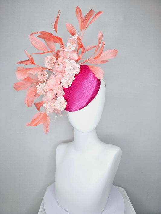 kentucky derby hat fascinator bright pink satin with netting, light blush pink organza satin flowers,light pink leaves,coral orange feathers