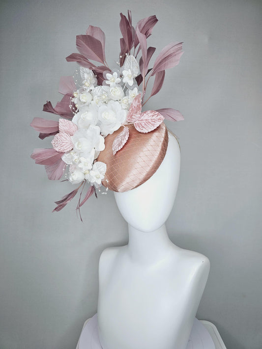 kentucky derby hat fascinator champagne pink satin with netting,white organza satin flowers,light pink leaves,mauve taupe branching feathers