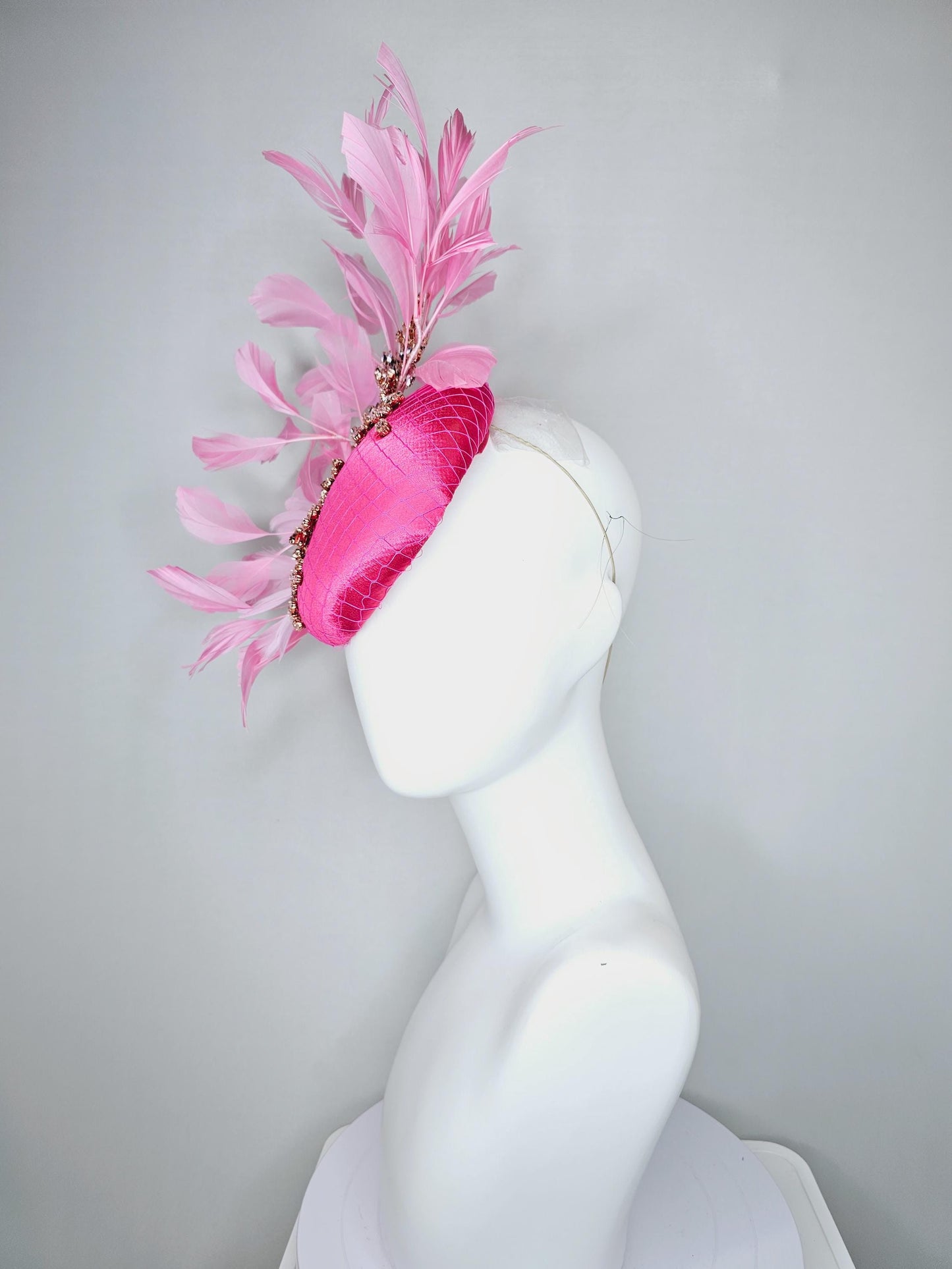 kentucky derby hat fascinator hot pink satin with netting and light pink crystal beaded jewels stems, light blush pink branching feathers