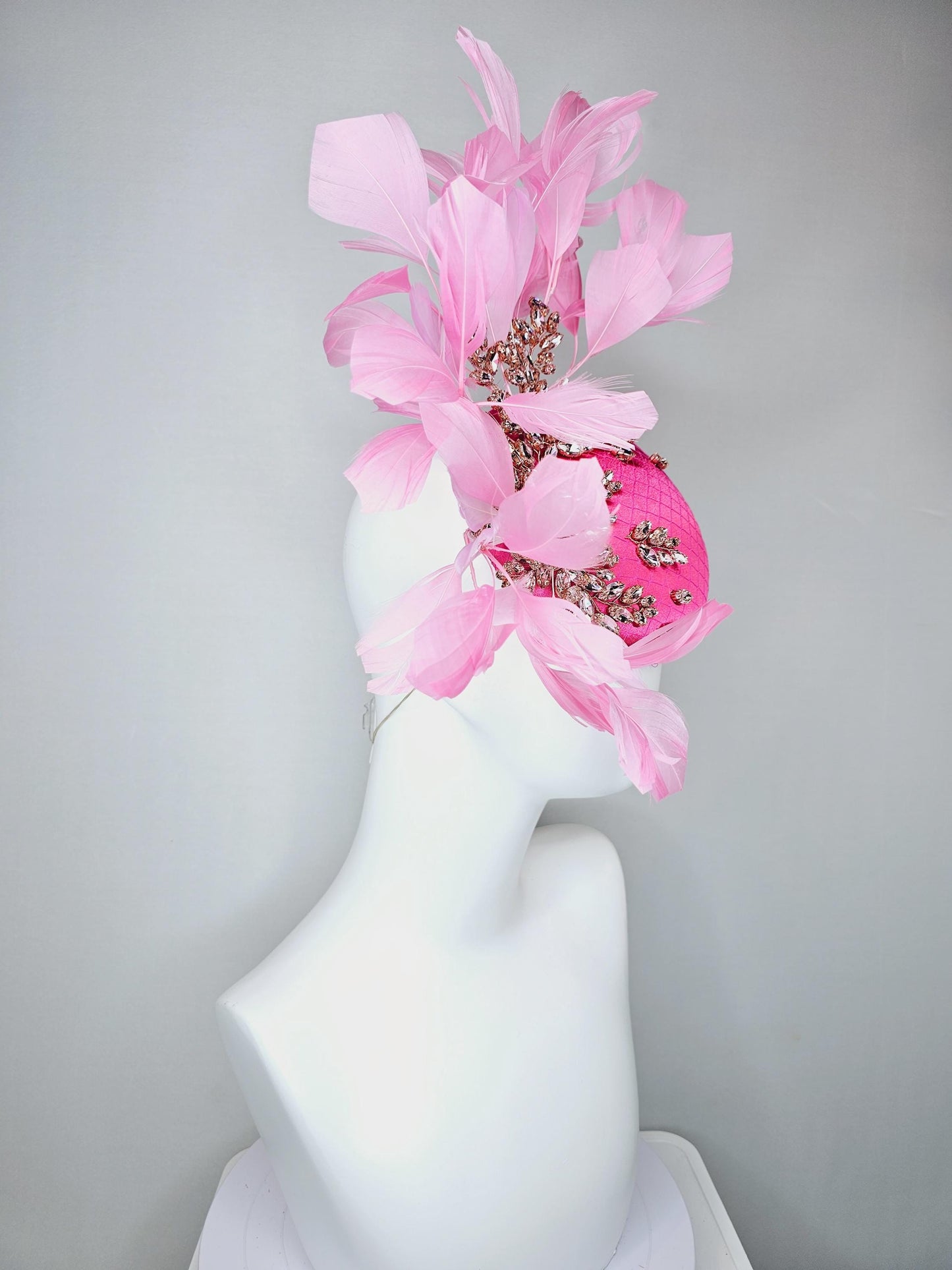 kentucky derby hat fascinator hot pink satin with netting and light pink crystal beaded jewels stems, light blush pink branching feathers