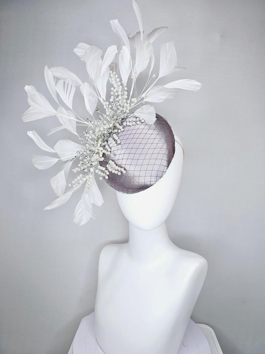kentucky derby hat fascinator silver gray satin with netting and white pearl crystal beaded jewels stems, white branching feathers