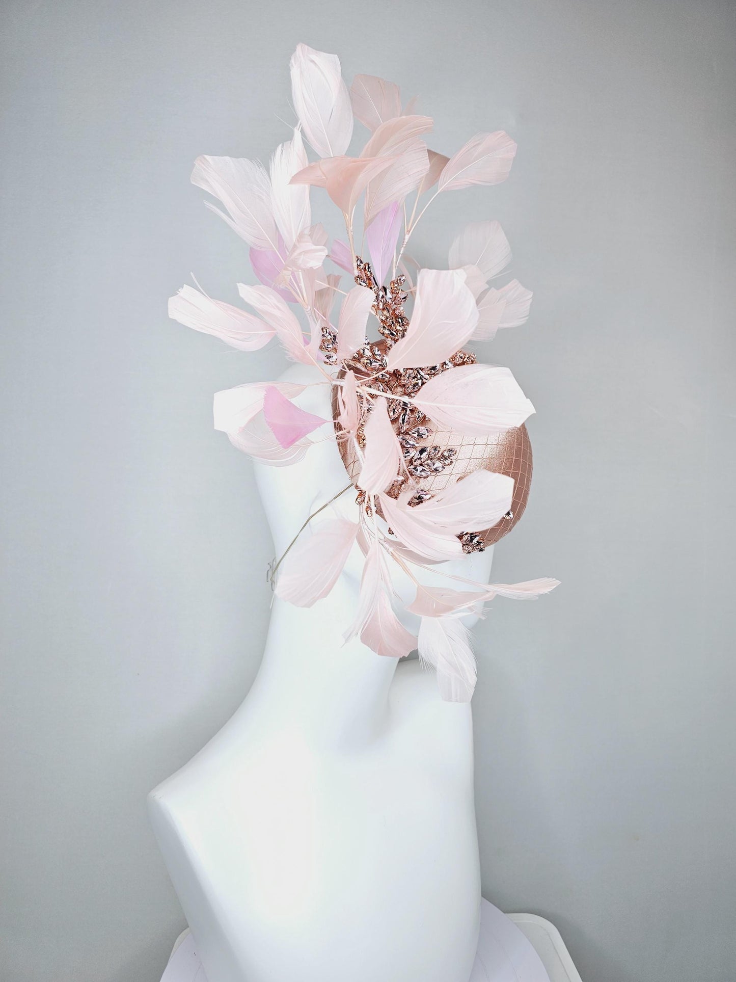 kentucky derby hat fascinator light pink champagne satin with netting, light pink crystal rhinestones jewels stems,light pink blush feathers