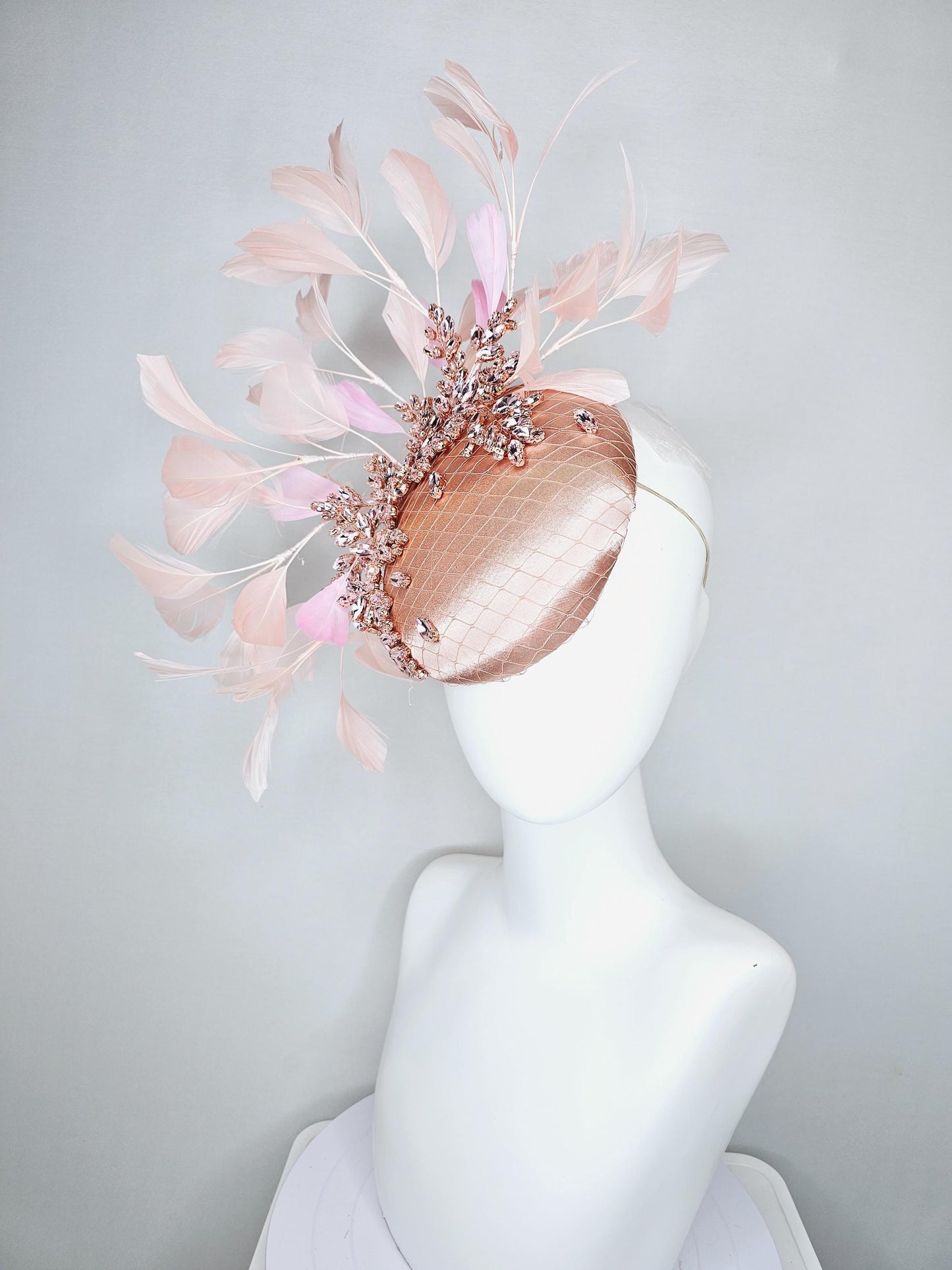 kentucky derby hat fascinator light pink champagne satin with netting, light pink crystal rhinestones jewels stems,light pink blush feathers