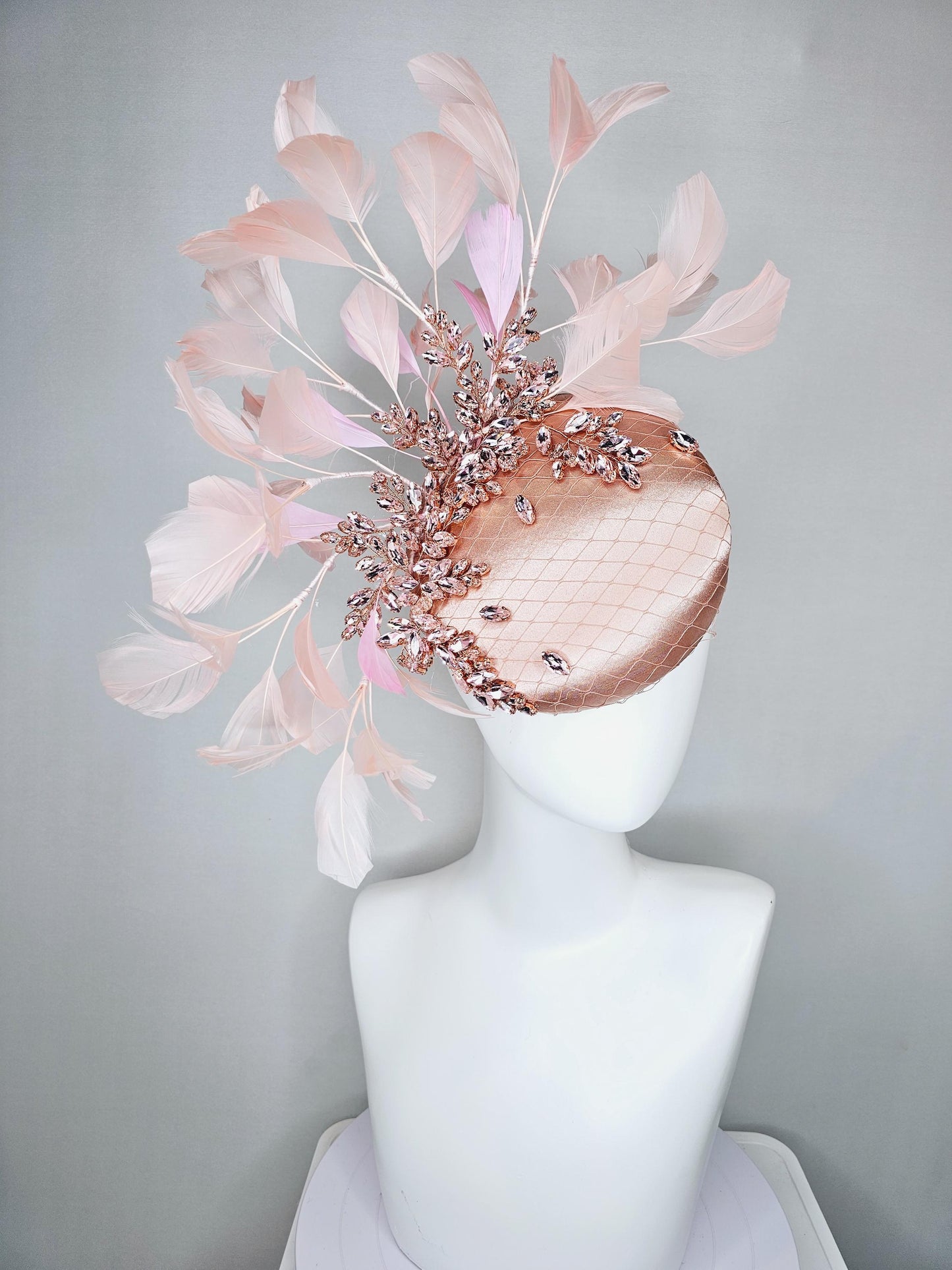 kentucky derby hat fascinator light pink champagne satin with netting, light pink crystal rhinestones jewels stems,light pink blush feathers