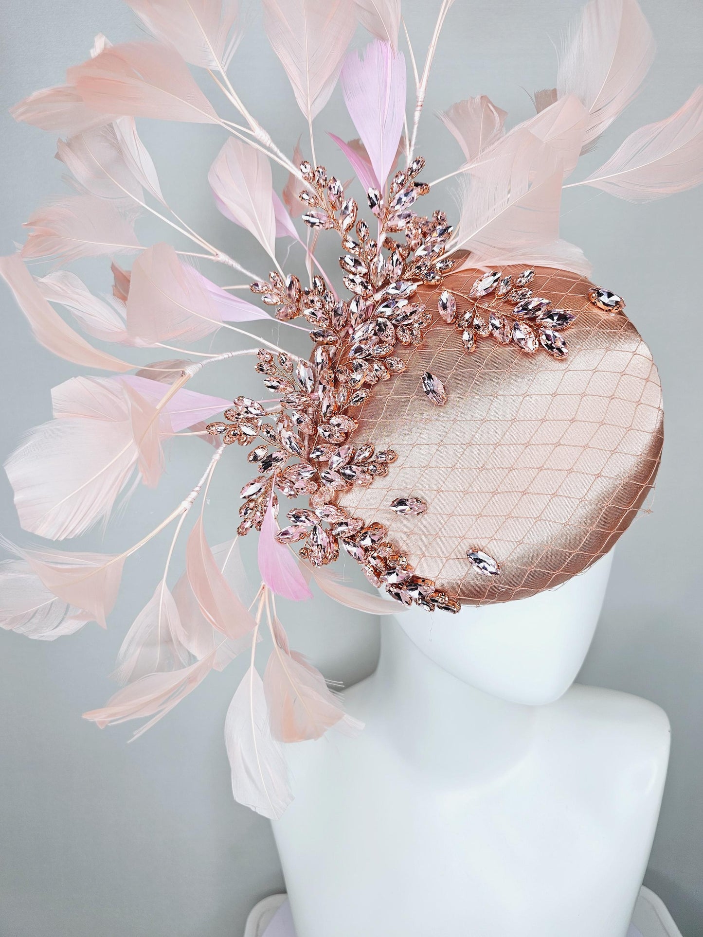 kentucky derby hat fascinator light pink champagne satin with netting, light pink crystal rhinestones jewels stems,light pink blush feathers