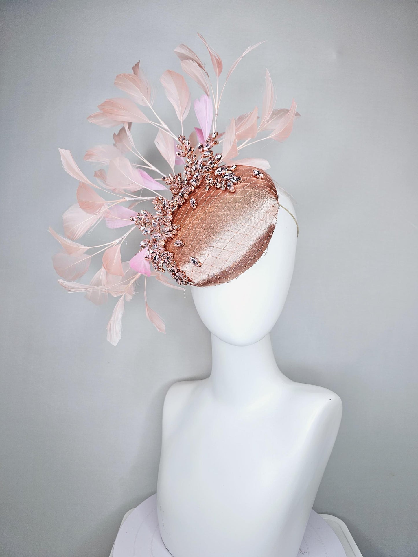 kentucky derby hat fascinator light pink champagne satin with netting, light pink crystal rhinestones jewels stems,light pink blush feathers