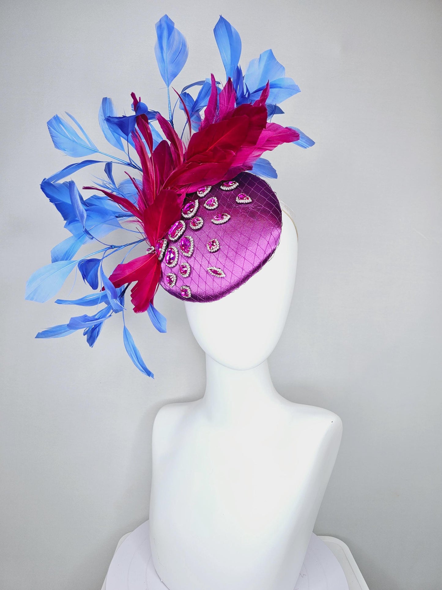 kentucky derby hat fascinator violet purple satin with netting, pink crystal rhinestones jewels, dark pink cobalt blue branching feathers