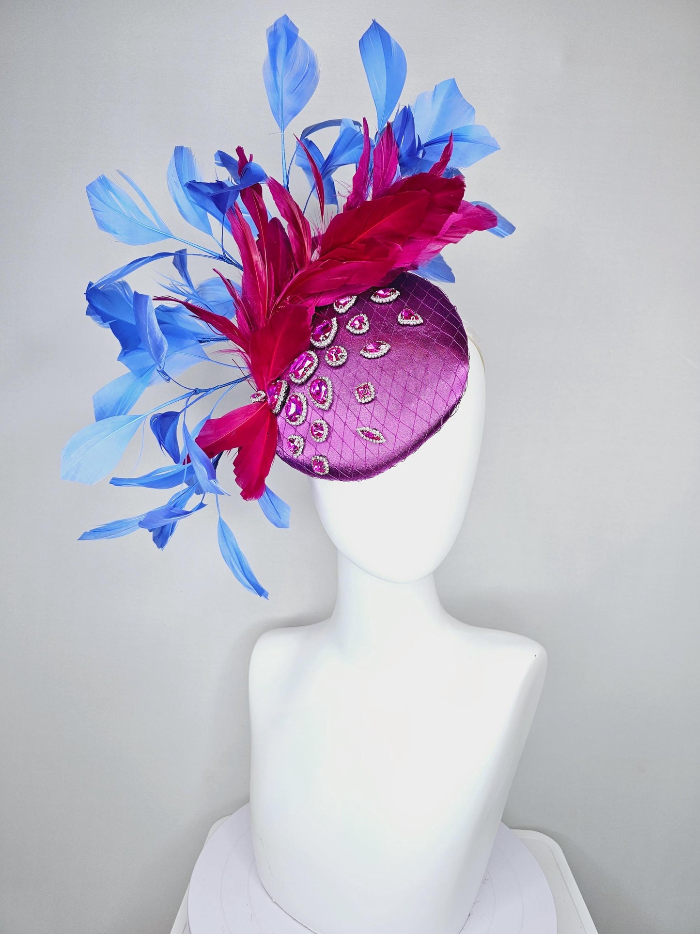 kentucky derby hat fascinator violet purple satin with netting, pink crystal rhinestones jewels, dark pink cobalt blue branching feathers