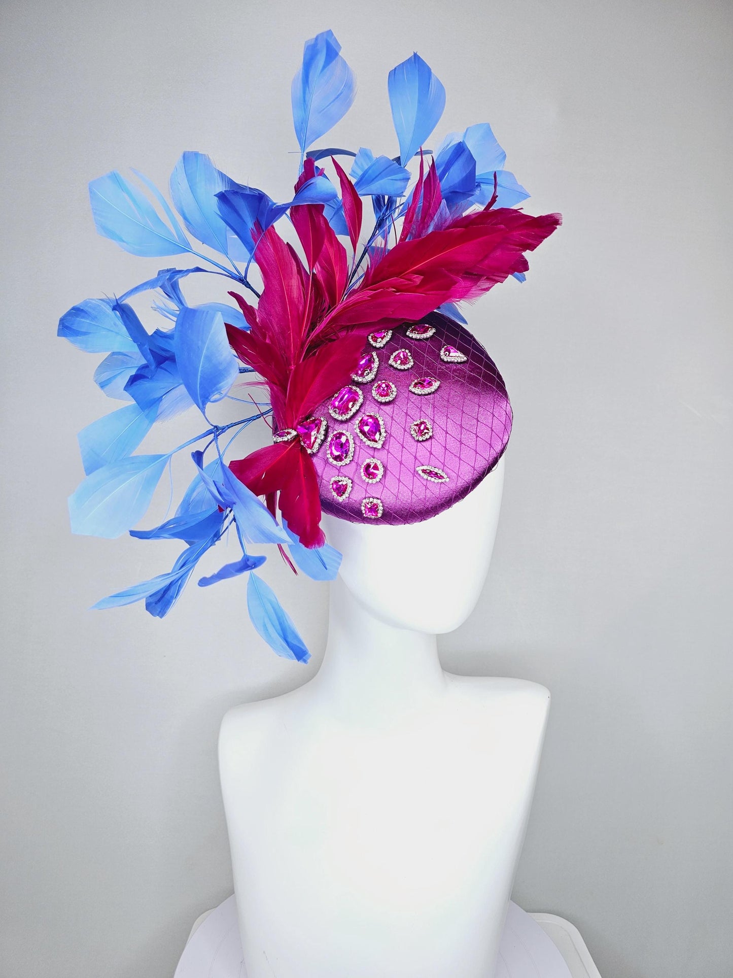 kentucky derby hat fascinator violet purple satin with netting, pink crystal rhinestones jewels, dark pink cobalt blue branching feathers