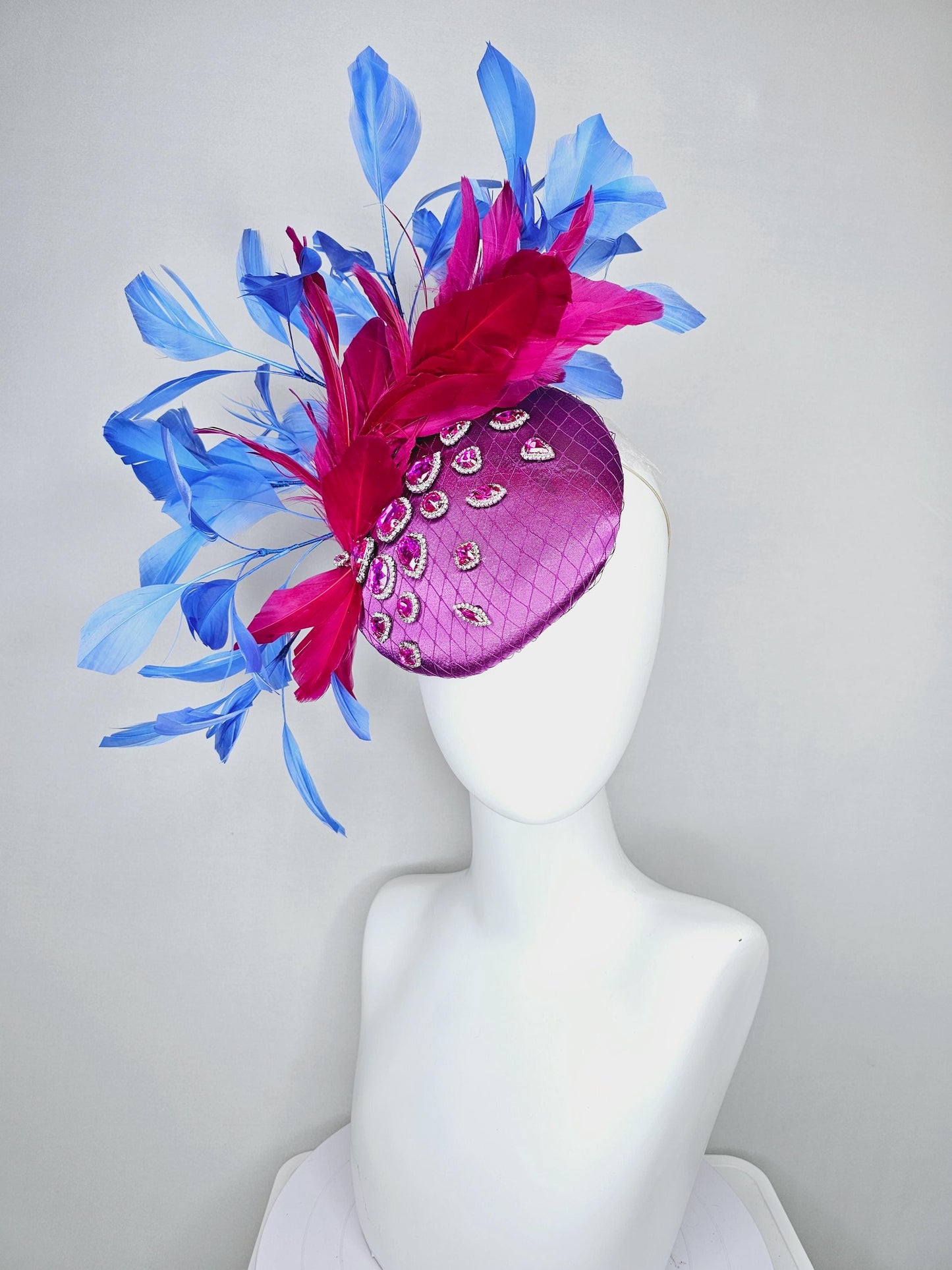 kentucky derby hat fascinator violet purple satin with netting, pink crystal rhinestones jewels, dark pink cobalt blue branching feathers