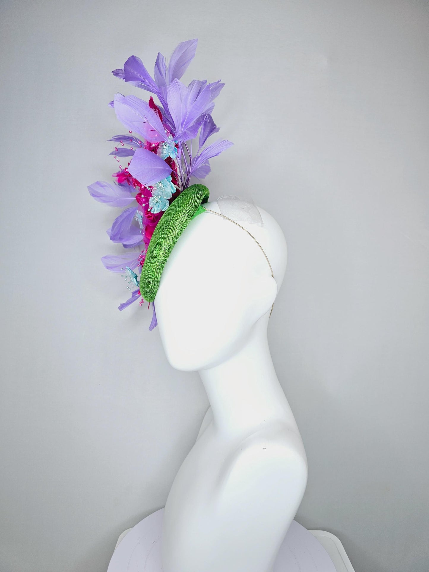 kentucky derby hat fascinator lime green sinamay,bright pink fuchsia baby blue organza satin flowers, pink leaves,lavender purple feathers